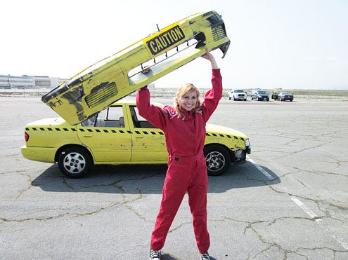Mythbusters - Season 9 - Kari Byron with the yellow test car bumber