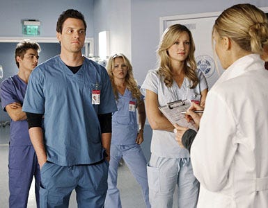 Scrubs - Season 9 - "Our Histories" - Dave Franco, Michael Mosley, Nicky Whelan, Kerry Bishe and Eliza Coupe