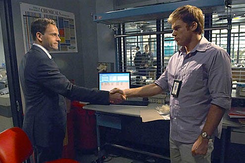 Dexter - Season 5 - "In the Beginning" - Jonny Lee Miller as Jordan Chase and Michael C. Hall as Dexter