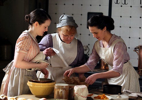 Downton Abbey - Season 2 - Sophie McShera as Daisy, Lesley Nicol as Mrs. Patmore and Jessica Brown-Findlay as Lady Sybil