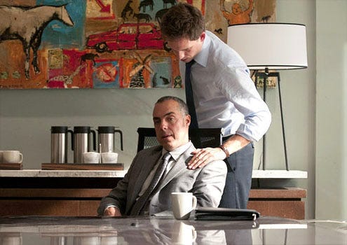 Suits - Season 1 - "Inside Track" - Titus Welliver as Dominic Barrone and Patrick J. Adams as Mike Ross