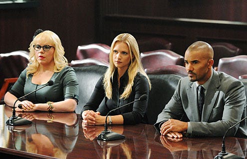 Criminal Minds - Season 7 - "It Takes A Village" -  Kirsten Vangsness as Garcia, A.J. Cook as JJ, and Shemar Moore as Morgan