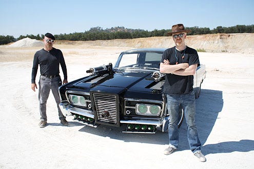 Mythbusters - Season 9 - Jamie Hyneman and Adam Savage with the test car; from the "Green Hornet Special"