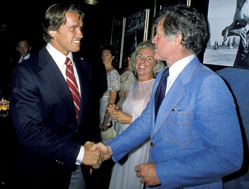Arnold Schwarzenegger and Ted Kennedy- party for the 7th Annual RFK Pro Celebrity Tennis Tournament, New York City, August 26, 1978