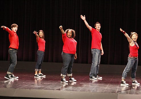 Glee - "Pilot" - Chris Colfer as Kurt, Lea Michele as Rachel, Amber Riley as Mercedes, Cory Monteith as Finn and Jenna Ushkowitz as Tina