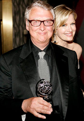 Mike Nichols and Diane Sawyer- holding his Tony Award for director for the play "Monty Python's Spamalot" after the 59th Annual Tony Awards, New York City, June 6, 2005