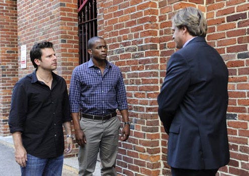 Psych - Season 4 - "Extradition II" - James Roday as Shawn Spencer, Dule Hill as Gus Guster and Cary Elwes as Despereaux