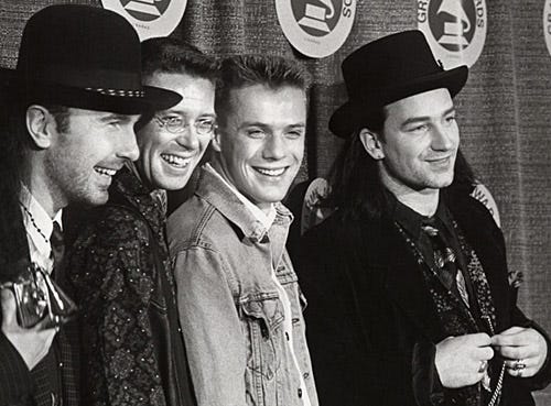 Edge, Adam Clayton, Larry Mullen and Bono of U2 - 30th Annual Grammy Awards - Radio City Music Hall - New York City, New York - March 2, 1988