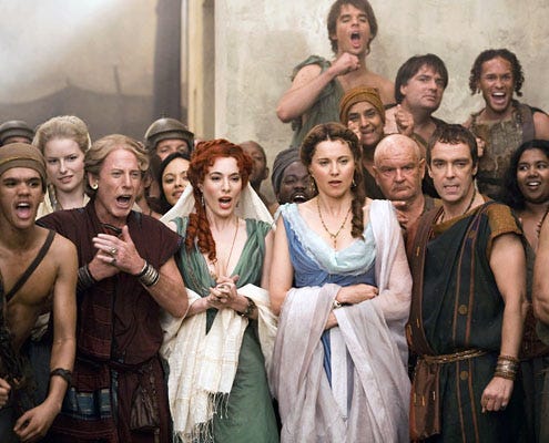 Spartacus: Gods of the Arena - Craig Walsh-Wrightson as Solonius, Jamie Murray as Gaia, Lucy Lawless as Lucretia and John Hannah as Batiatus