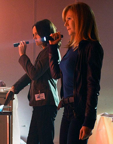 CSI - Season 11 - "Cello and Goodbye" - Jorja Fox as Sara Sidle and Marg Helgenberger as Catherine Willows