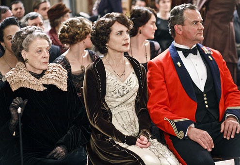 Downton Abbey - Season 2 - Maggie Smith as the Dowager Countess, Elizabeth McGovern as Lady Cora and Hugh Bonneville as Lord Grantham