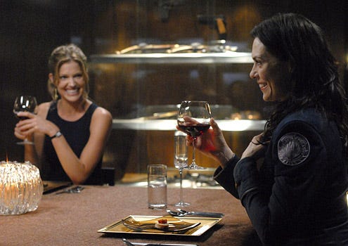 Battlestar Galactica - Season 4 - "Razor" - Tricia Helfer as Gina and Michelle Forbes as Admiral Cain
