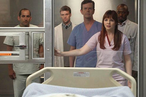 House - Season 7 - "A Pox in Our House" - Peter Jacobson, Jesse Spencer, guest star Dylan Baker, guest star Amber Tamblyn and Omar Epps