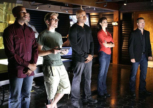 NCIS: Los Angeles - Season 1 - "Identity" - Adam Jamal Craig as Dominic Vail, Peter Cambor as Operational Psychologist Nate Getz, Barrett Foa as Eric Beal, LL Cool J as Special Agent Sam Hanna, Daniella Ruah as Special Agent Kensi Blye and  Chris O'Donnell as Special Agent "G" Callen