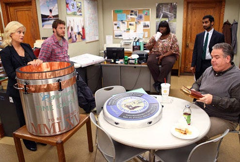 Parks and Recreation - Season 3 - "Time Capsule" - Amy Poehler as Leslie Knope, Chris Pratt as Andy Dwyer, Retta as Donna, Aziz Ansari as Tom Haverford and Jim O'Heir as Jerry Gergich