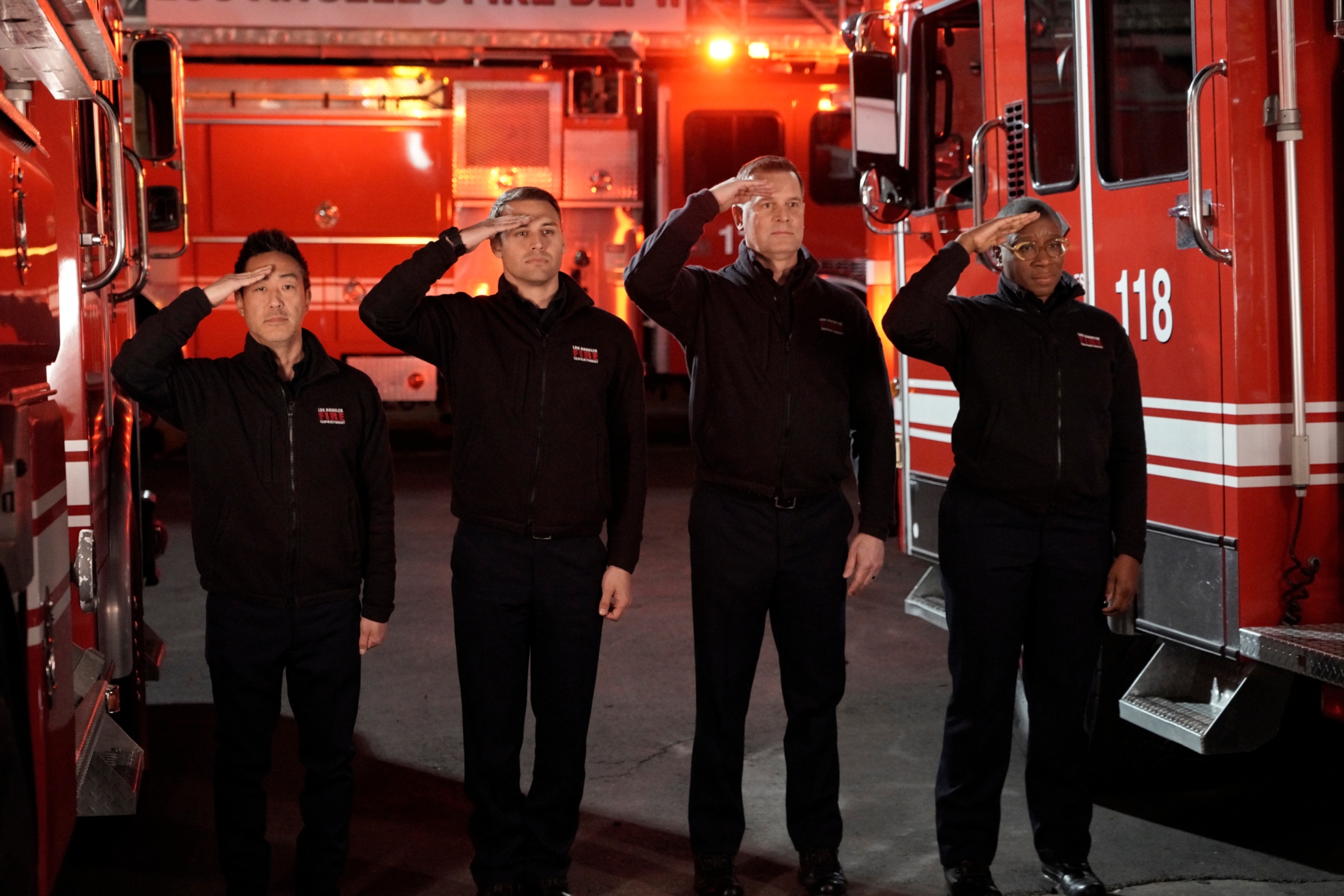 Kenneth Choi, Ryan Guzman, Peter Krause, and Aisha Hinds, 9-1-1