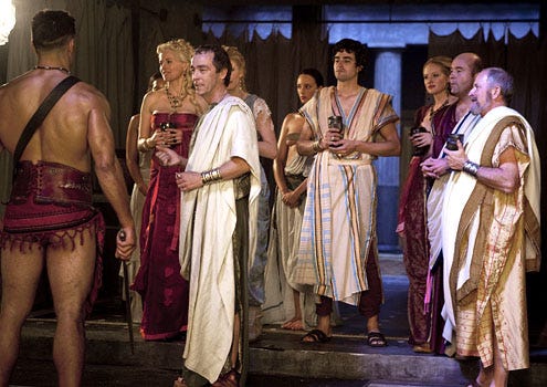 Spartacus: Blood and Sand - Season 1 - "Legends" - Lucy Lawless as Lucretia, Viva Bianca as Illithyia and John Hannah as Batiatus