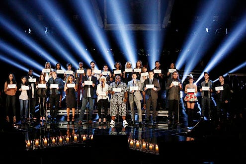 The Voice - Season 3 - "Final Performances" - Christina Milian, Blake Shelton, Christina Aguilera, Cee Lo Green, Adam Levine, Carson Daly and the Top 21 contestants from Season 3