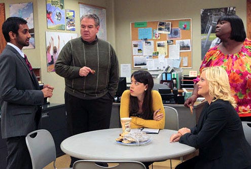 Parks and Recreation - Season 3 - "Indianapolis" - Aziz Ansari as Tom Haverford, Jim O'Heir as Jim Gergich, Aubrey Plaza as April Ludgate, Amy Poehler as Leslie Knope and Retta as Donna