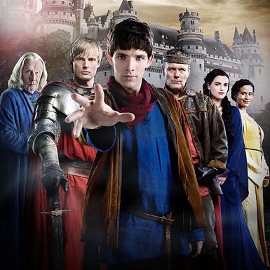 Merlin - Richard Wilson as Gaius, Bradley James as Arthur, Colin Morgan as Merlin, Anthony Head as Uther, Katie McGrath as Morgana, Angel Coulby as Gwen