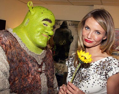 Cameron Diaz visits Brian d'Arcy James as "Shrek" - The opening night of "Shrek The Musical" on Broadway in New York City, December 14, 2008