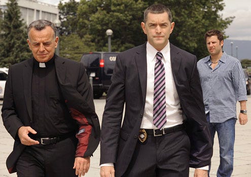 Psych - Season 3 - "The Devil is in the Details & the Upstairs Bedroom" - Ray Wise as Father Westley, Timothy Omundson as Carlton Lassiter, James Roday as Shawn Spencer