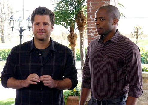 Psych - Season 6 - "Shawn Rescues Darth Vader" - James Roday as Shawn Spencer and Dule Hill as Burton "Gus" Guster