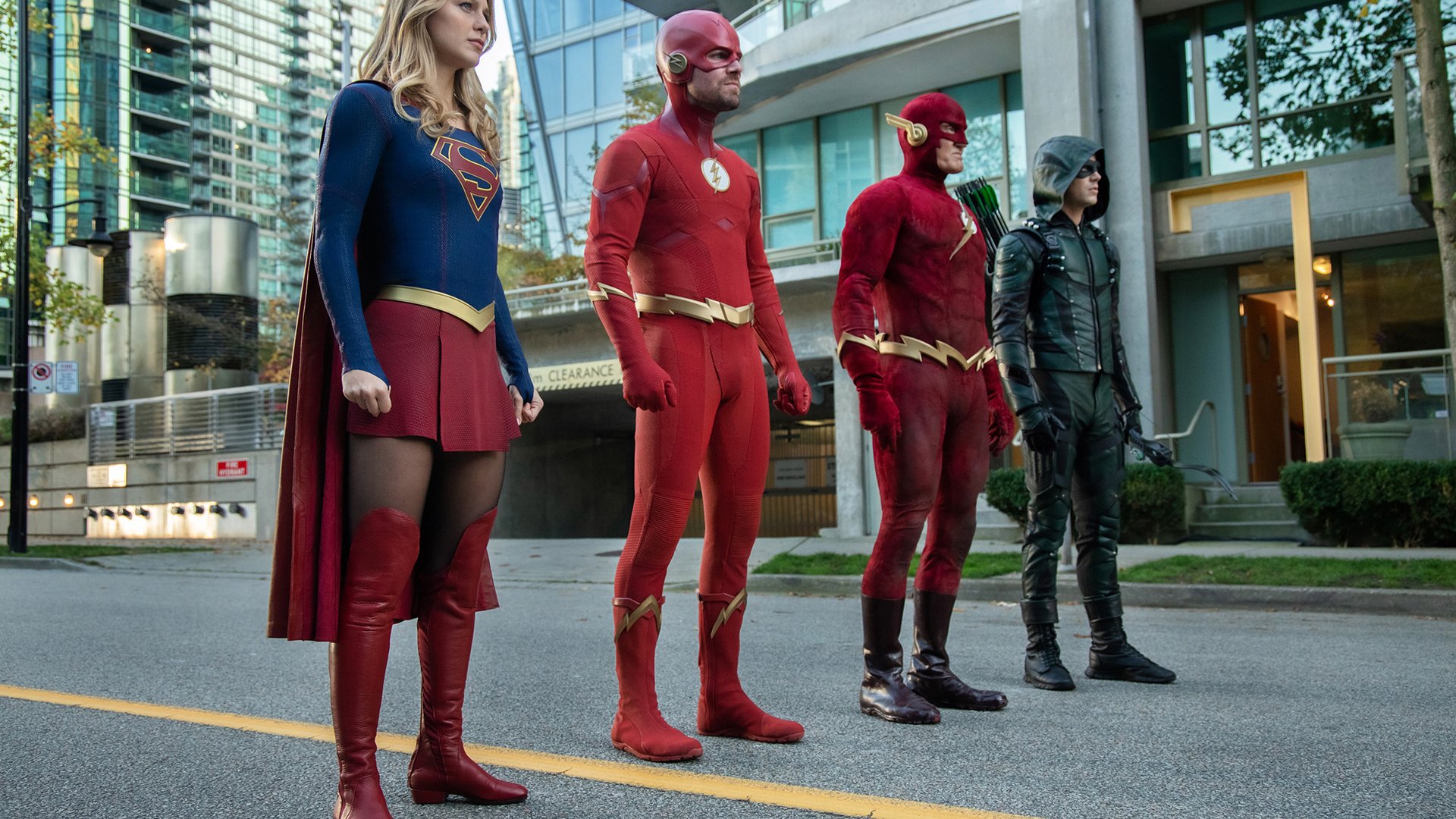 Melissa Benoist, Stephen Amell, John Wesley Shipp and Grant Gustin, Arrow
