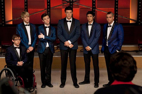 Glee - Season 2 - "Never Been Kissed" - Kevin McHale as Artie, Chord Overstreet as Sam, Chris Colfer as Kurt, Cory Monteith as Finn, Harry Shum Jr. as Mike and Mark Salling as Puck