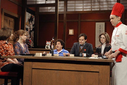 Saturday Night Live - Season 37 - "Jonah Hill" - Nasim Pedrad, Abby Elliott, Jonah Hill, Bill Hader, Vanessa Bayer and Fred Armisen