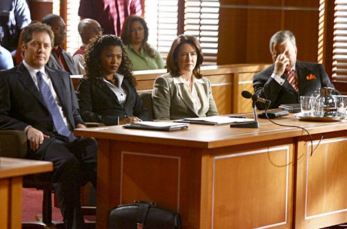 Boston Legal - Season 3 - "Angel of Death" - James Spader as Alan Shore, Nia Long as attorney Vanessa Walker, Ann Cusack as Dr. Donna Follette, William Shatner as Denny Crane