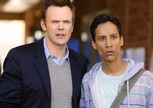 Community - "Pilot" - Joel McHale as Jeff and Danny Pudi as Abed